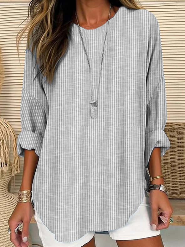 Fashion Crew Neck Long Sleeve Striped Loose Regular Blouse