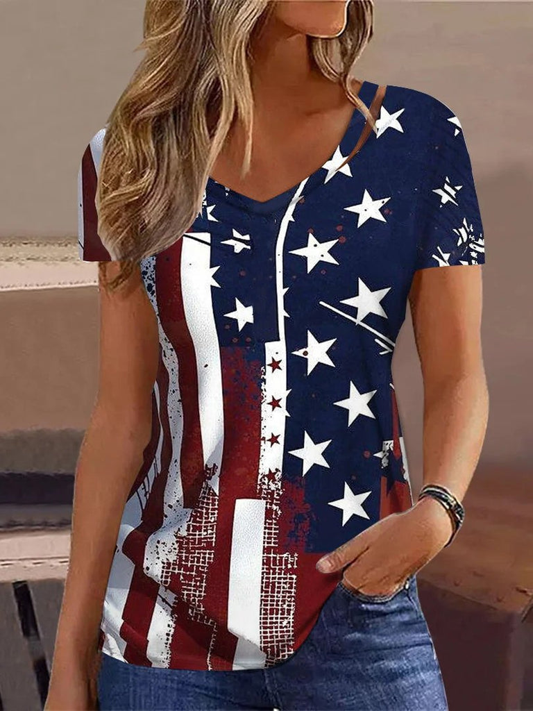 Fashion V Neck Short Sleeve Independence Day Loose Regular Blouses