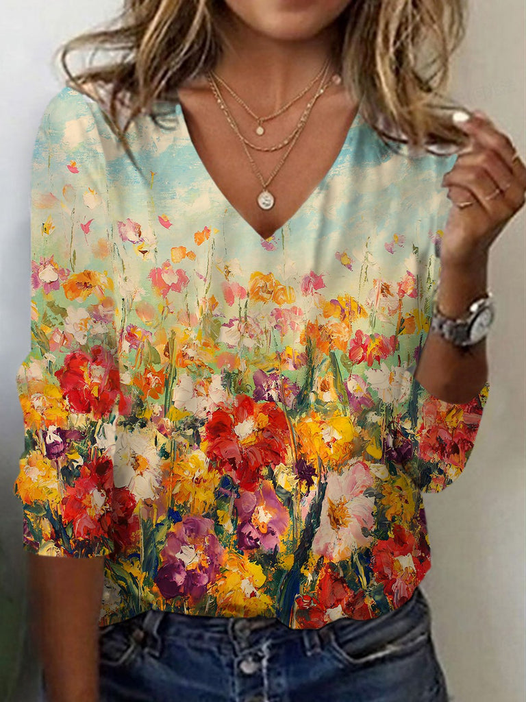 V Neck Long Sleeve Floral Casual Regular T-Shirt
