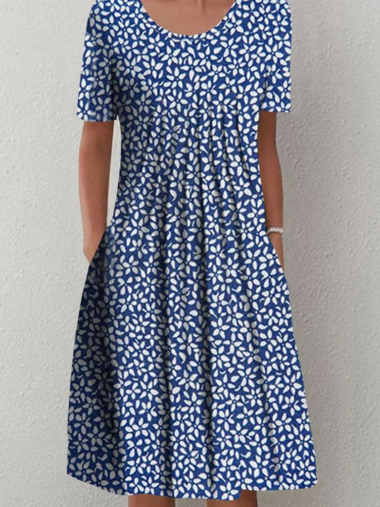 Vacation Short Sleeve Crew Neck Disty Floral Fashion Midi Dress