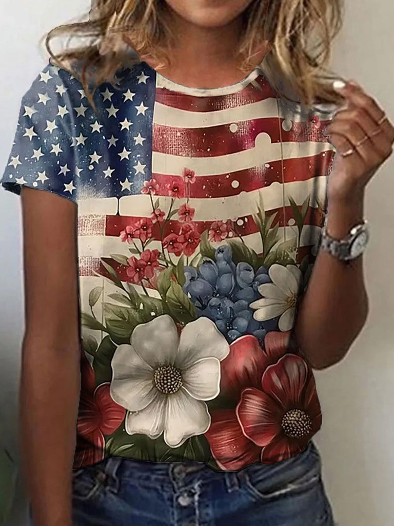 Fashion Short Sleeve Crew Neck Floral America Flag Casual Regular T-Shirt