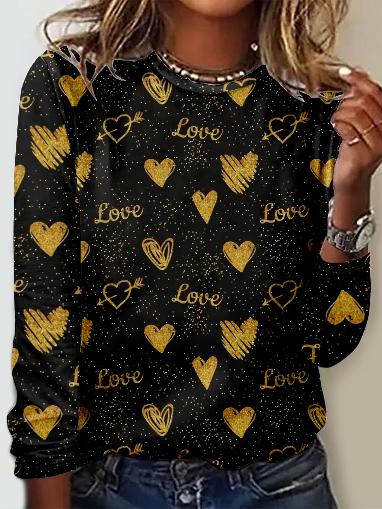 Casual Crew Neck Long Sleeve Heart/Cordate Fashion Regular T-Shirt