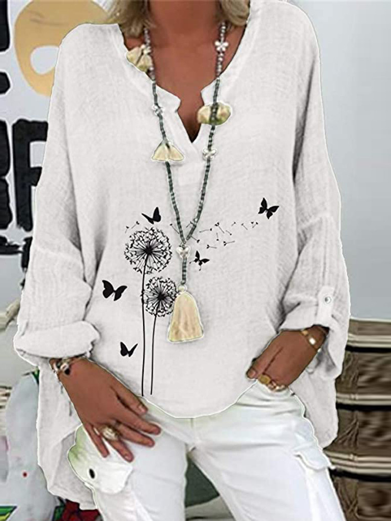 Fashion V Neck Long Sleeve Daisy Loose Mid-Long Blouse