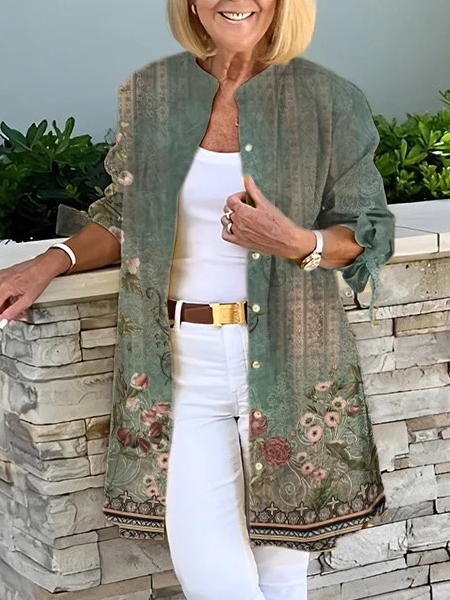 Loose Crew Neck Long Sleeve Floral Fashion Regular Jacket