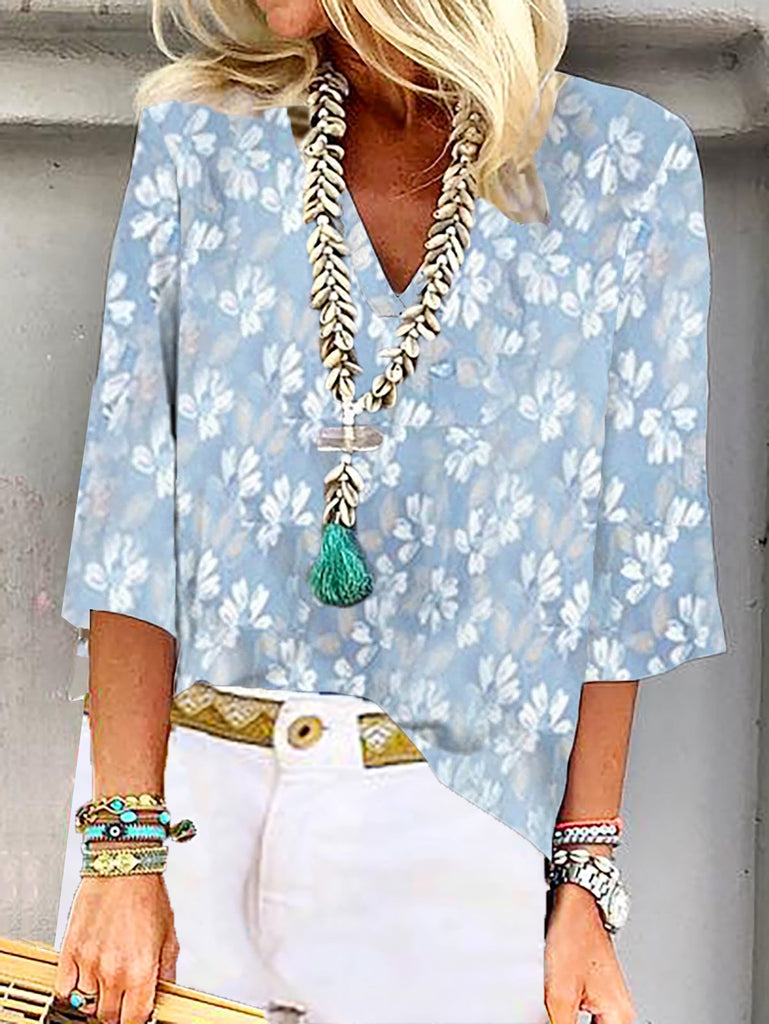 Loose 3/4 Sleeve V Neck Floral Fashion Regular Blouse