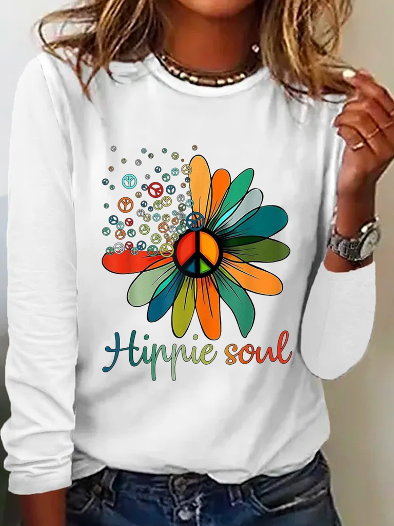 Vintage Crew Neck Long Sleeve Floral Text Letters Loose Regular T-Shirt
