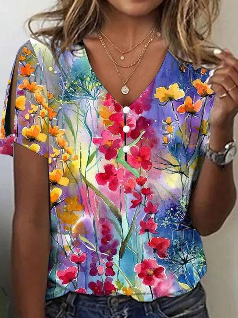 Fashion V Neck Short Sleeve Floral Casual Regular Blouses