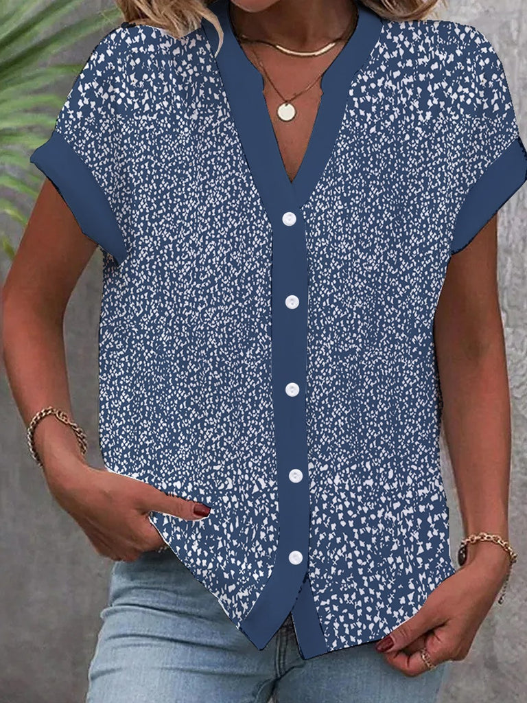 Loose Short Sleeve Notched Small Floral Fashion Regular Shirt