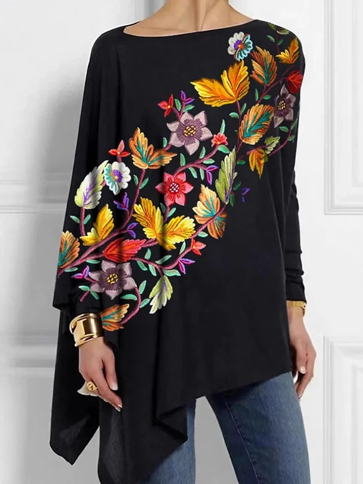 Loose Crew Neck Long Sleeve Floral Fashion Mid-Long Blouses