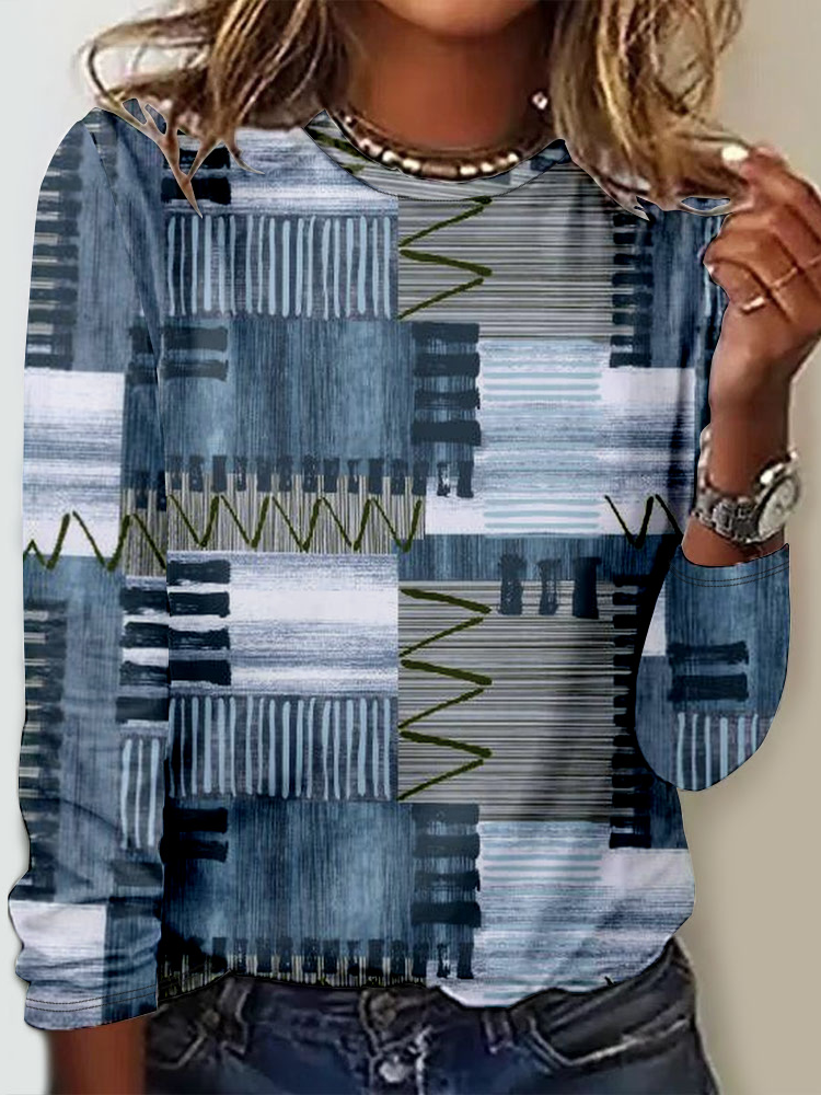 Fashion Crew Neck Long Sleeve Geometric Casual Regular T-Shirt
