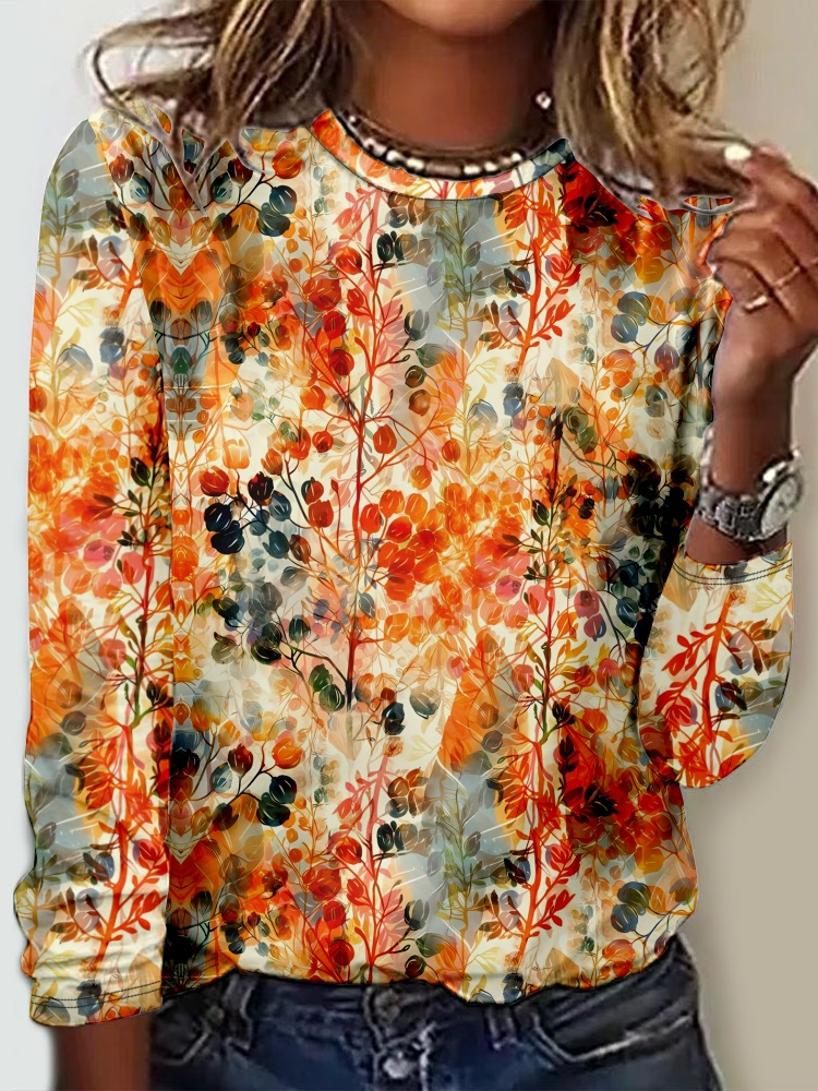 Fashion Crew Neck Long Sleeve Floral Casual Regular T-Shirt