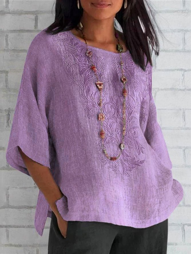 Fashion Short Sleeve Crew Neck Plain Embroidery Loose Mid-Long Blouse