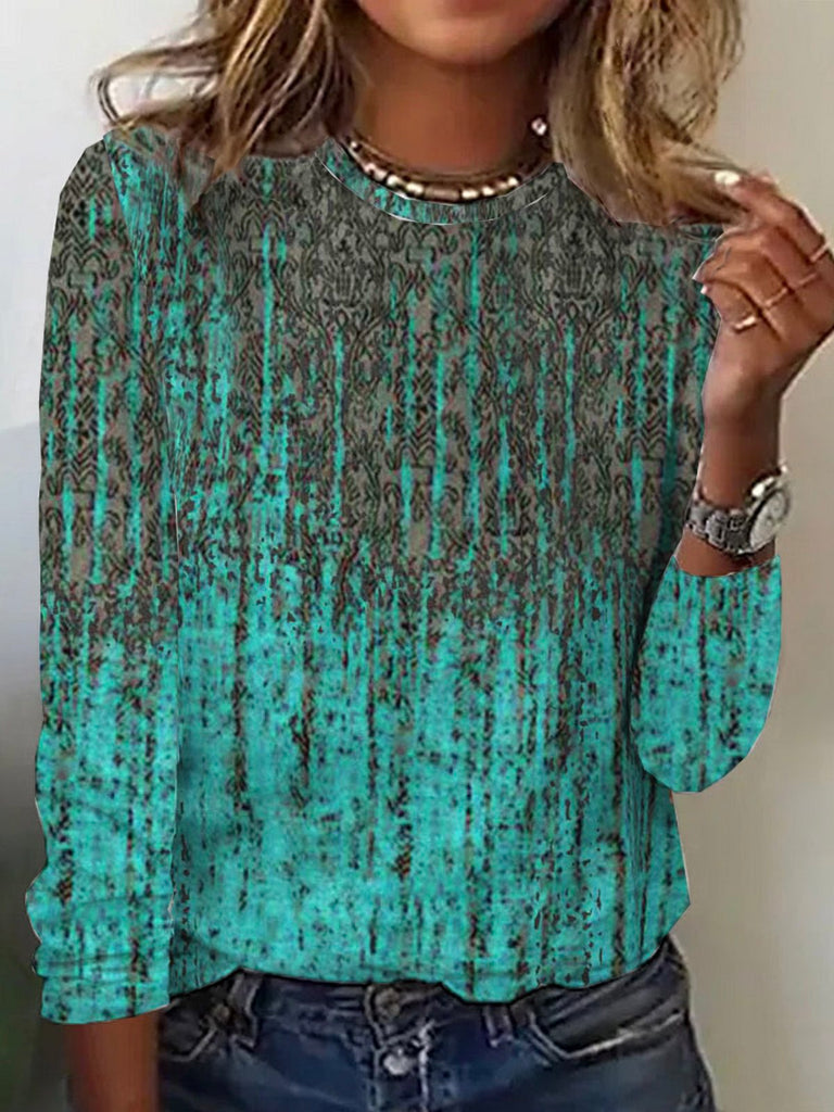 Fashion Crew Neck Long Sleeve Ethnic Casual Regular T-Shirt