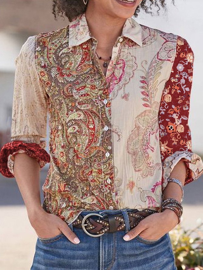 Fashion Long Sleeve Shirt Collar Cashew Flowers Loose Regular Shirt