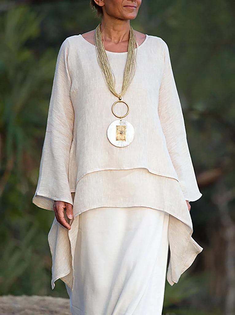 Fashion Crew Neck Long Sleeve Plain Split Joint Linen Mid-Long Blouses