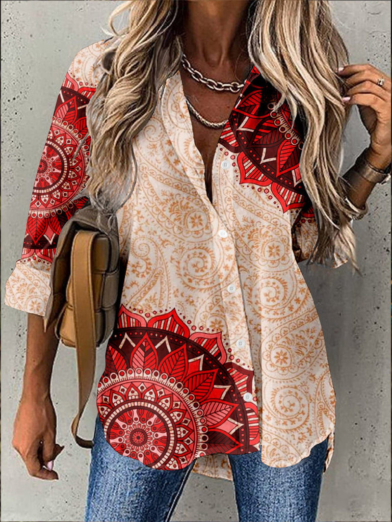 Vintage Long Sleeve Shirt Collar Color Block Loose Mid-Long Shirt