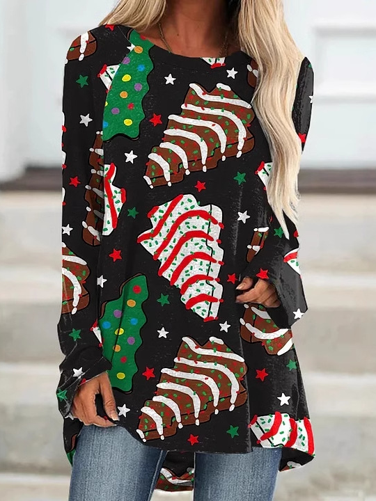 Fashion Crew Neck Long Sleeve Christmas Casual Mid-Long T-Shirt