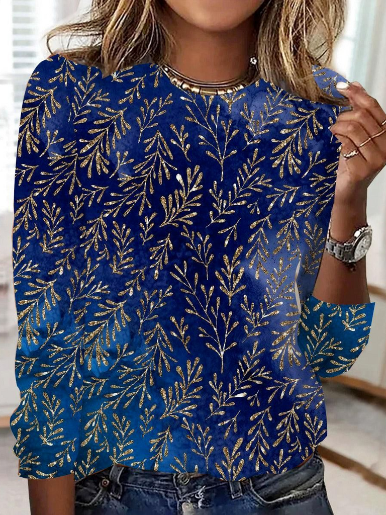 Fashion Crew Neck Long Sleeve Floral Casual Regular T-Shirt