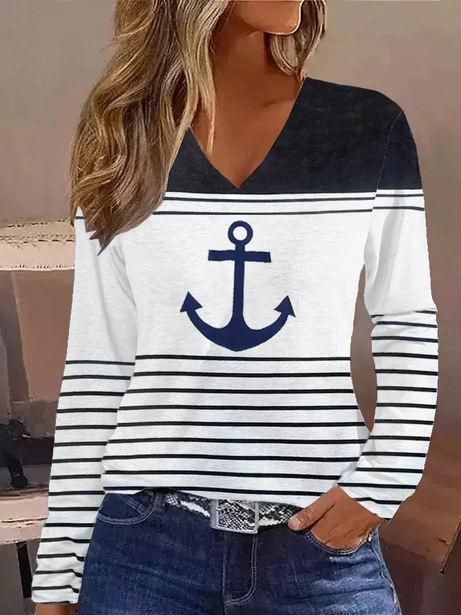 Fashion V Neck Long Sleeve Striped Loose Regular T-Shirt