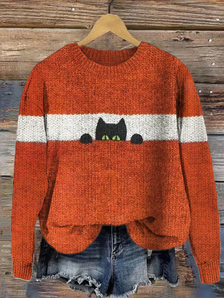 Loose Crew Neck Long Sleeve Cat Simple Regular Sweater