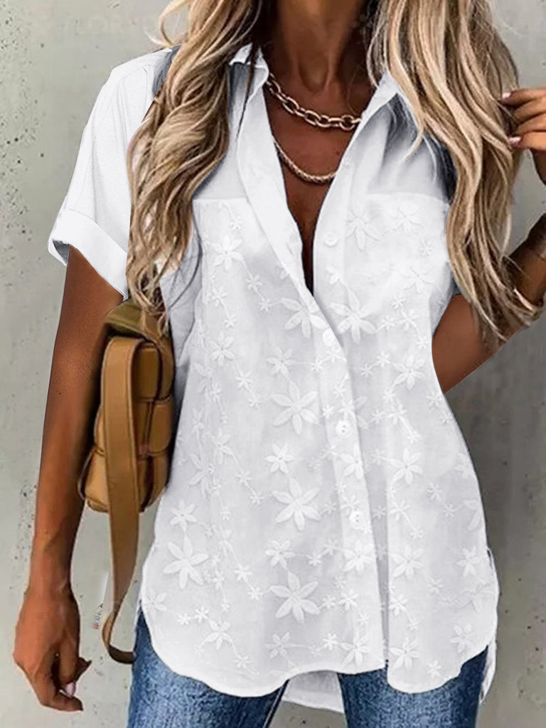 Fashion Short Sleeve Shirt Collar Plain Loose Regular Shirt