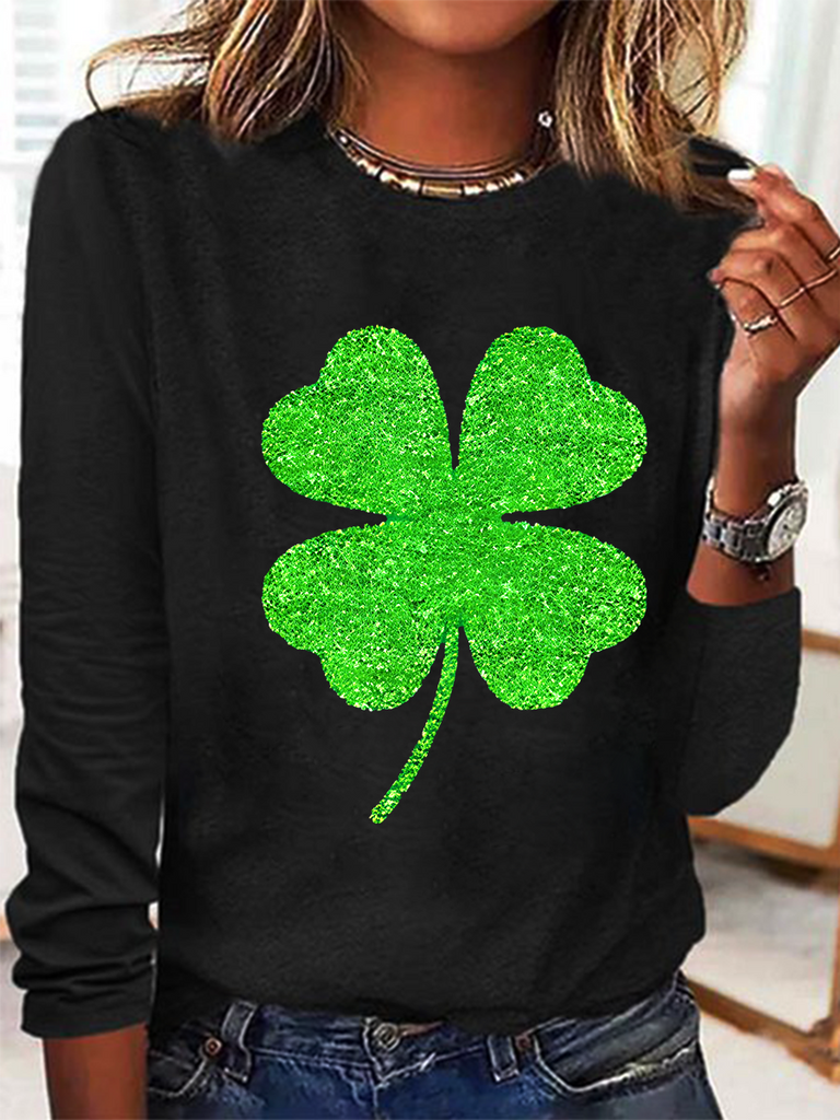 Fashion Crew Neck Long Sleeve Four-Leaf Clover Loose Regular T-Shirt