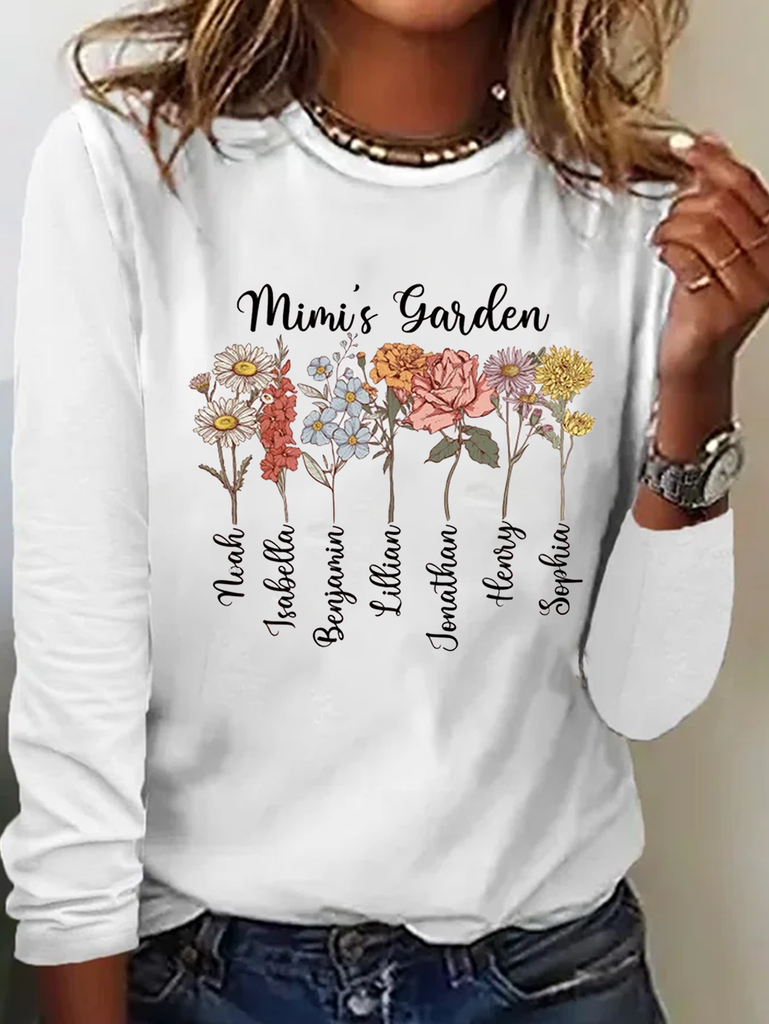 Fashion Crew Neck Long Sleeve Floral Text Letters Casual Regular T-Shirt