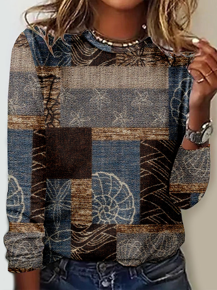 Casual Crew Neck Long Sleeve Ethnic Fashion Regular T-Shirt