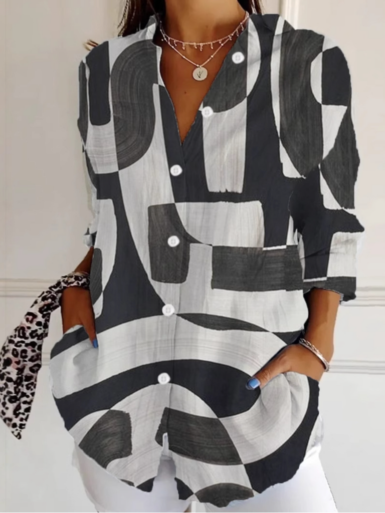 Fashion Long Sleeve Shirt Collar Abstract Loose Regular Shirt
