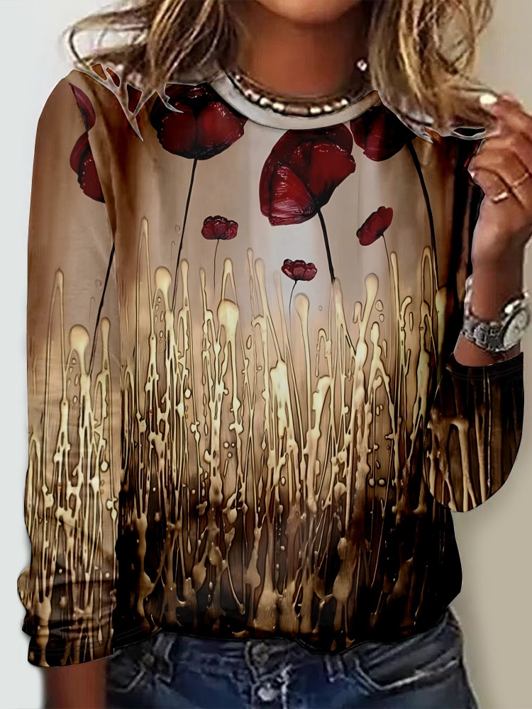 Fashion Crew Neck Long Sleeve Floral Casual Regular T-Shirt
