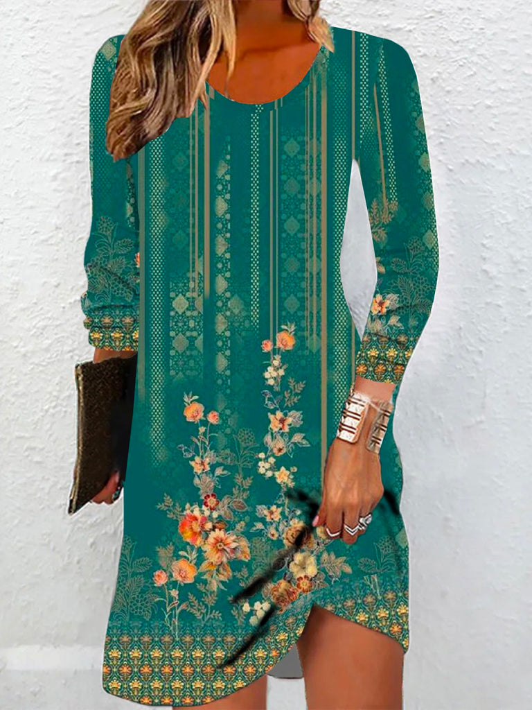 Fashion Crew Neck Long Sleeve Ethnic Loose Short Dress