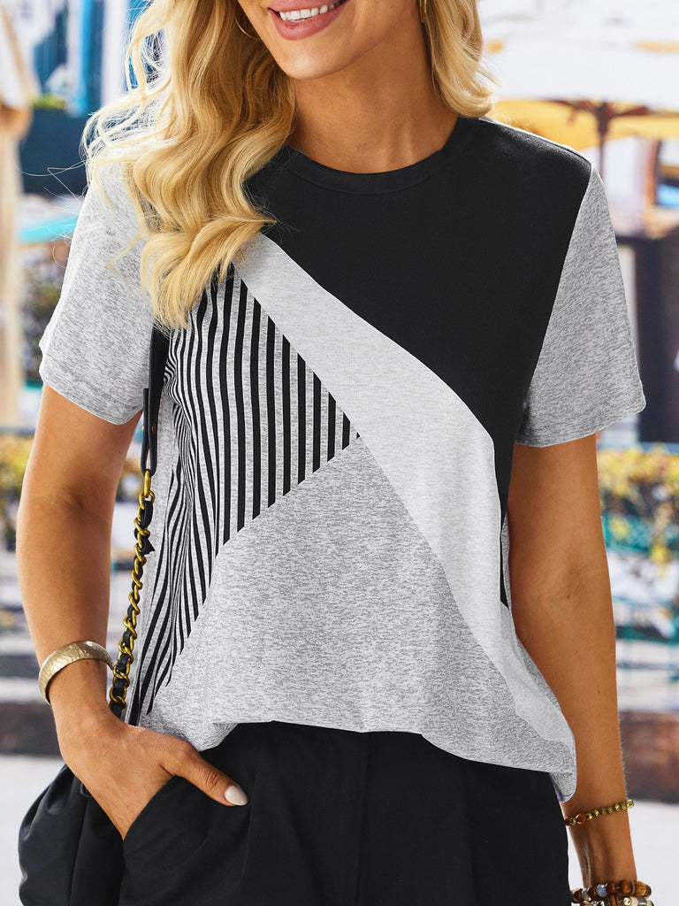 Loose Short Sleeve Crew Neck Striped Split Joint Fashion Regular T-Shirt