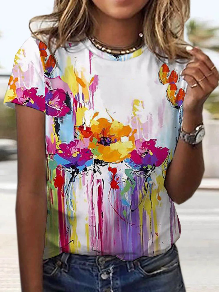 Casual V Neck Short Sleeve Floral Fashion Regular T-Shirt