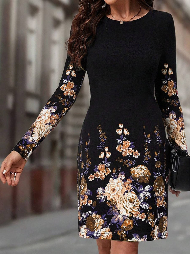 Fashion Crew Neck Long Sleeve Floral Loose Midi Dress