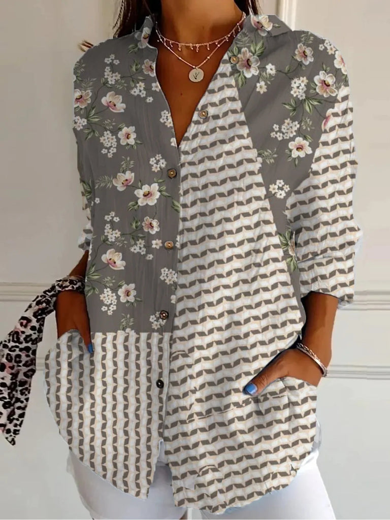 Loose Long Sleeve Shirt Collar Geometric Floral Fashion Regular Shirt