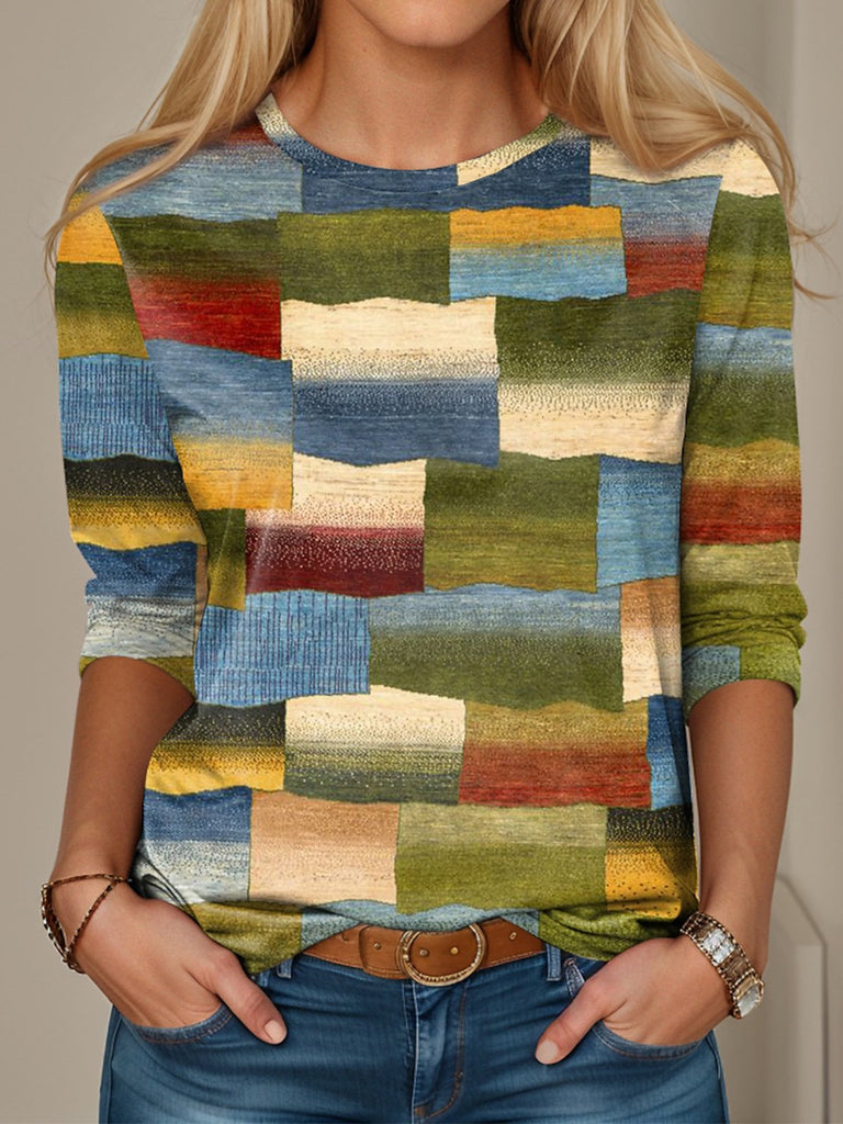 Casual Crew Neck Long Sleeve Multicolor Block Fashion Regular T-Shirt