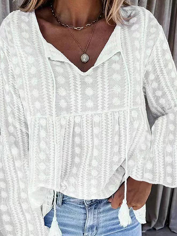 Fashion V Neck Long Sleeve Plain Loose Regular Blouse