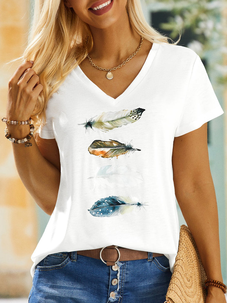 Loose V Neck Short Sleeve Feather Pattern Fashion Regular T-Shirt