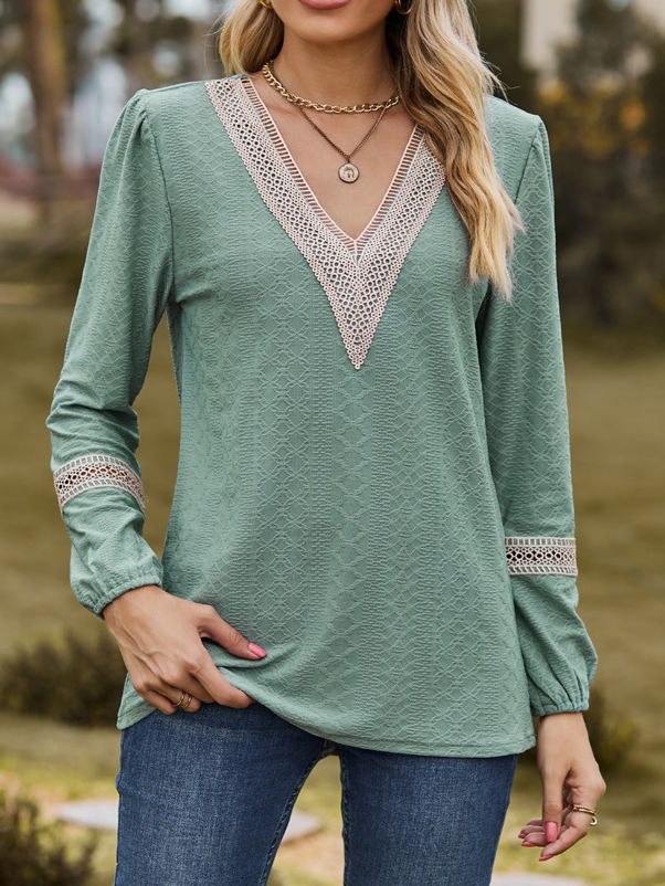 Fashion V Neck Long Sleeve Plain Loose Regular Blouse