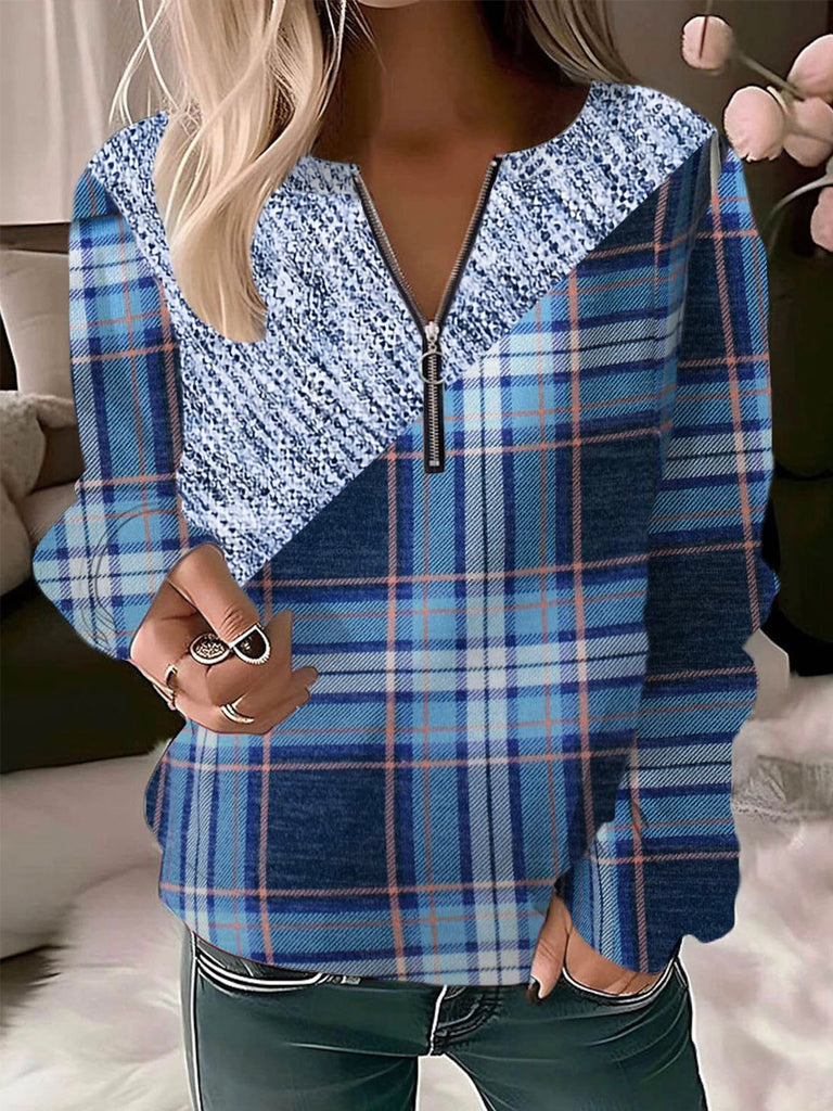 Fashion Crew Neck Long Sleeve Plaid Casual Regular Sweatshirt