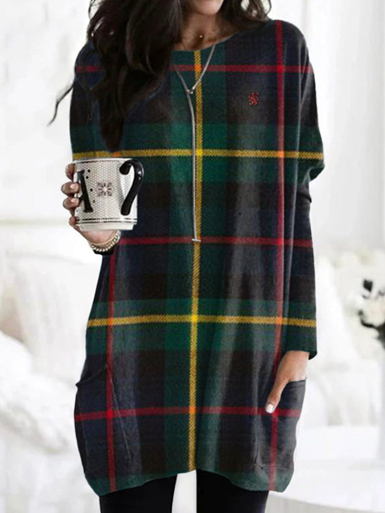 Vintage Crew Neck Long Sleeve Geometric Mid-Long T-Shirt