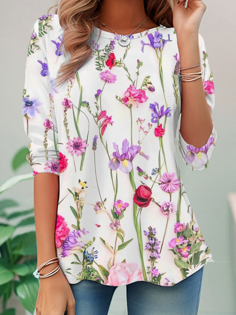 Fashion Crew Neck Long Sleeve Floral Casual Regular T-Shirt