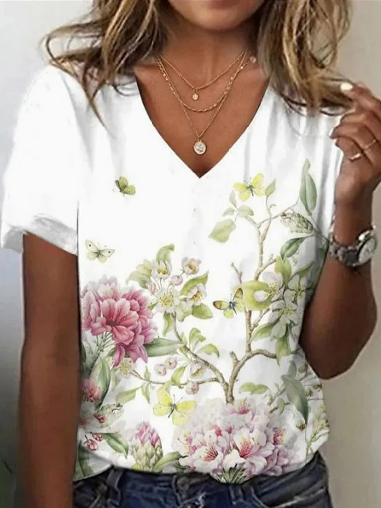 Casual V Neck Short Sleeve Floral Fashion Regular T-Shirt