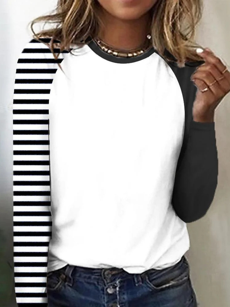 Fashion Crew Neck Long Sleeve Striped Loose Regular T-Shirt