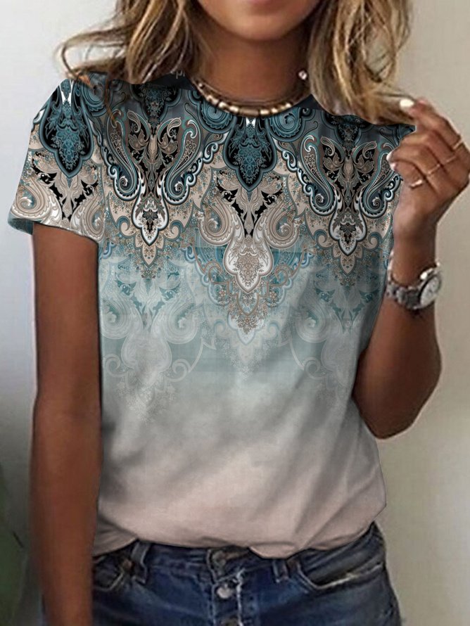 Casual Short Sleeve Crew Neck Ethnic Fashion Regular T-Shirt
