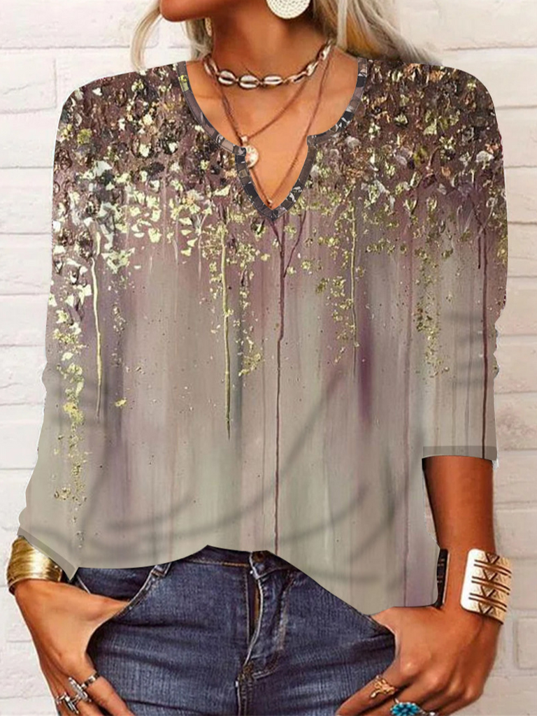 Fashion Long Sleeve Notched Random Print Loose Regular T-Shirt