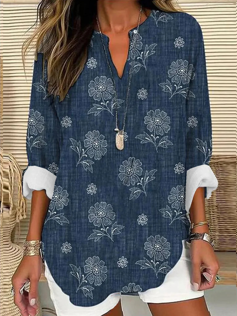 Loose V Neck Long Sleeve Floral Fashion Regular Blouse