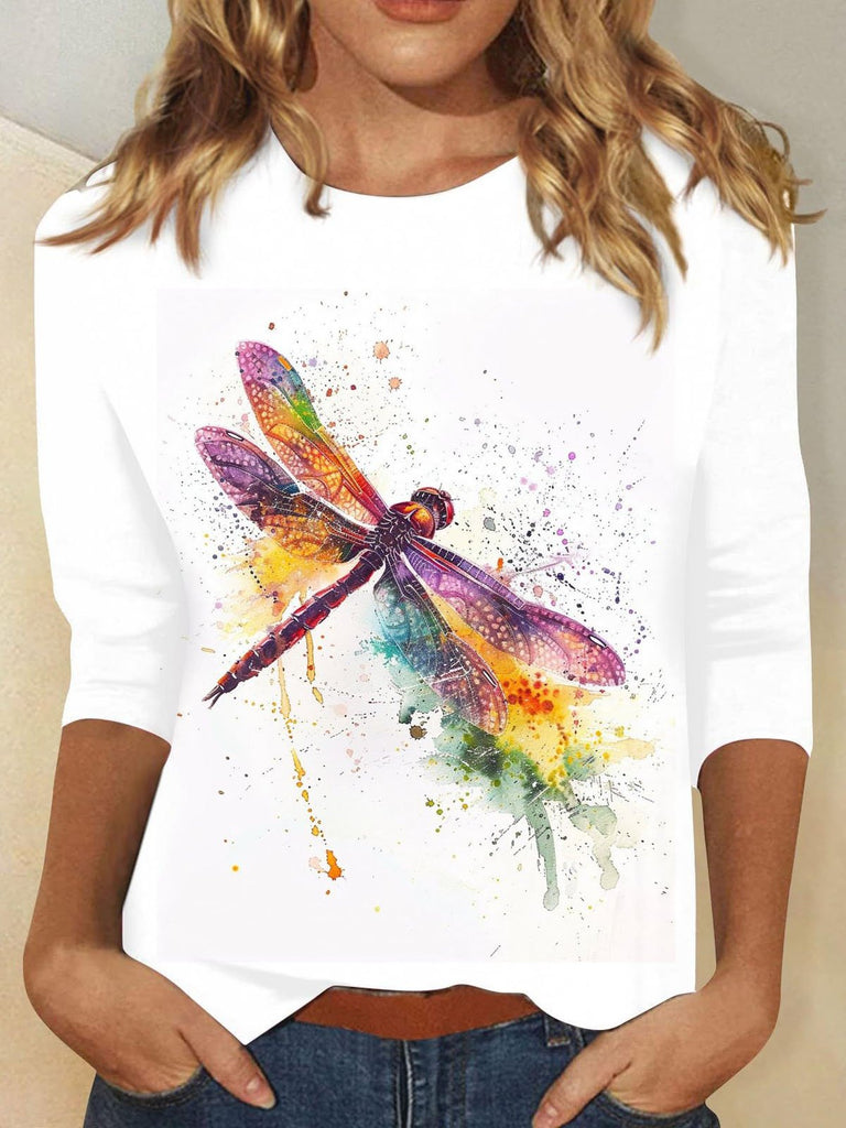 Casual Crew Neck Long Sleeve Dragonfly Fashion Regular T-Shirt