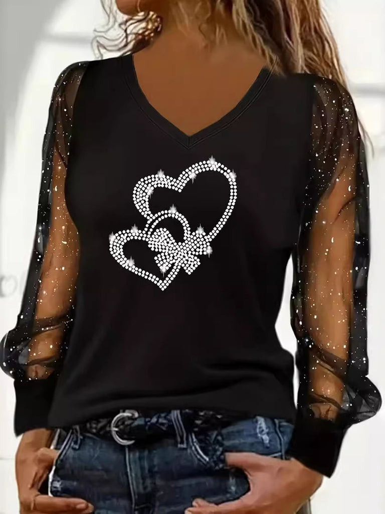 Fashion V Neck Long Sleeve Heart/Cordate Casual Regular T-Shirt
