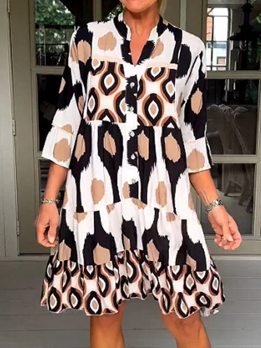 Fashion 3/4 Sleeve Stand Collar Geometric Midi Dress